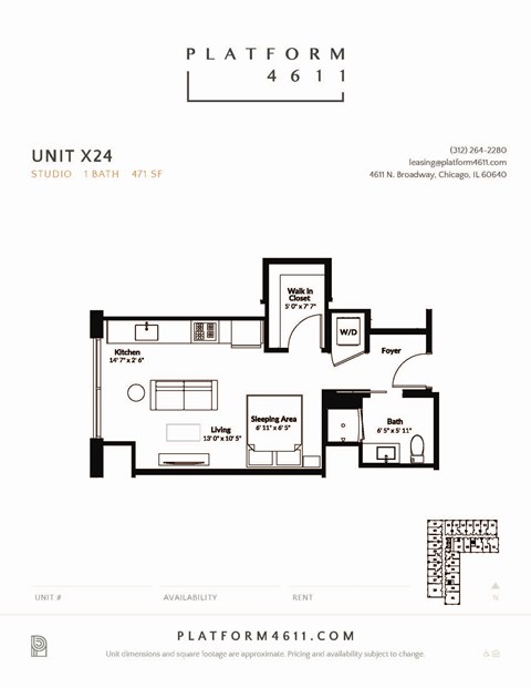 Floor plan for studio, 1 bath, 462 sqft